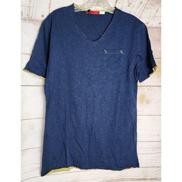 Vassari Los Angeles Navy Blue V-Neck Designer Shirt Large – Stylish Cut Hem - Picture 14 of 16